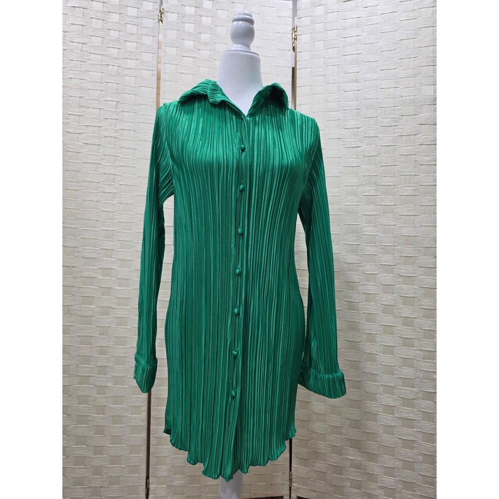 Emerald Green Plisse Pleated Long Sleeve Button Down Belted Shirt Dress